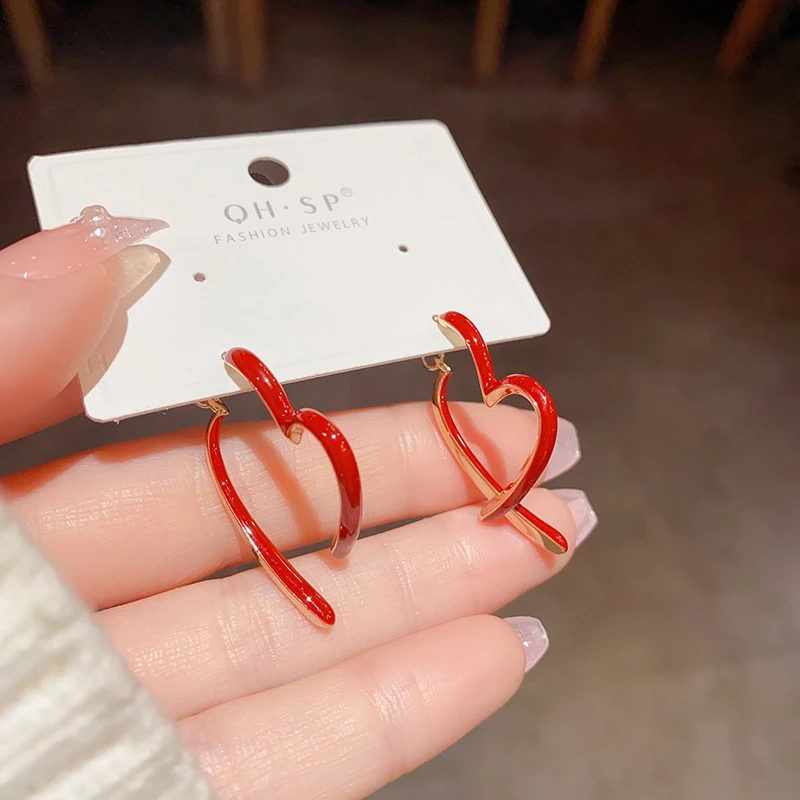 铜合金耳饰  精品小众设计红色爱心耳环2025新款潮耳饰耳钉耳圈