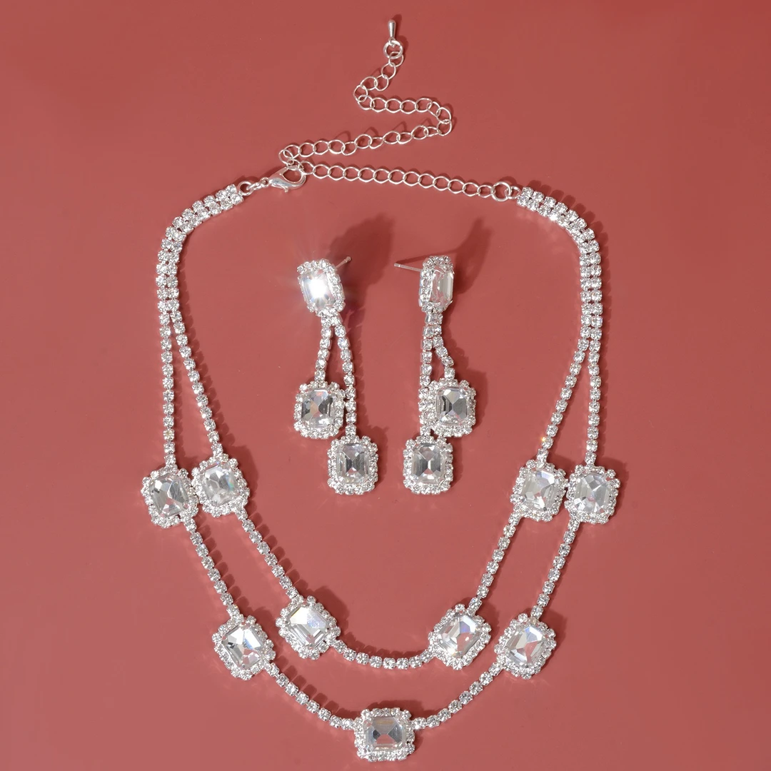 铜项链 镇店之宝-新款复古方形流苏项链耳环套装轻奢气质二件套女