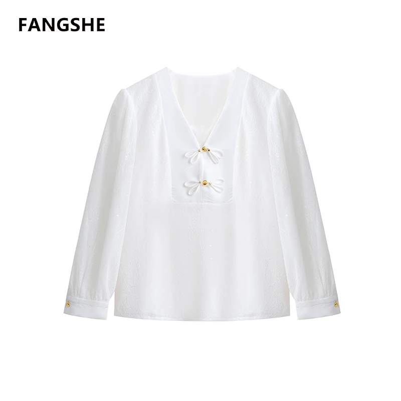 【私人高定】V领蝴蝶结盘扣重工提花百搭宽松长袖小衫A1681YJ