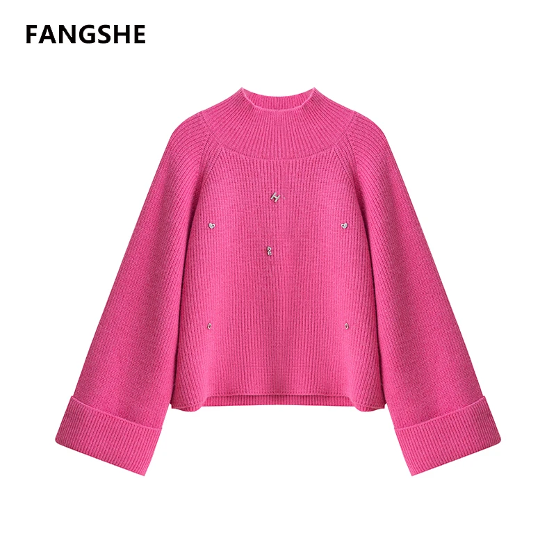 【贝贝高定】半高领钉钻洋气喇叭袖宽松显瘦针织毛衣A1252YB