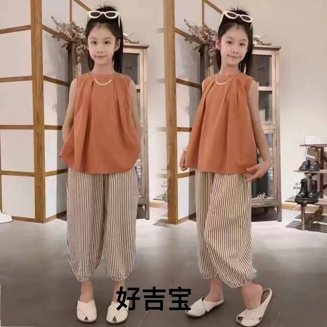 2024新款女童中大童网红休闲洋气无袖两件套