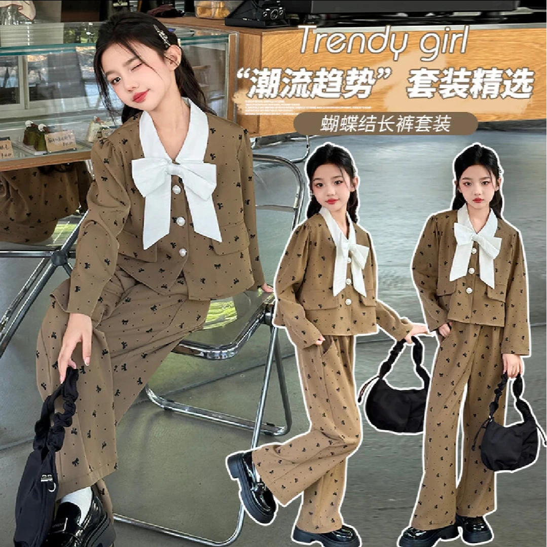 2024新款女童中大童秋季蝴蝶结洋气长裤套装