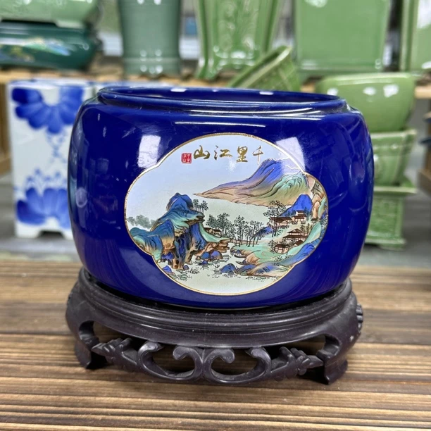 【直播浮力490】内口11高度9cm陶瓷精品千里江山绿植造景创意花盆