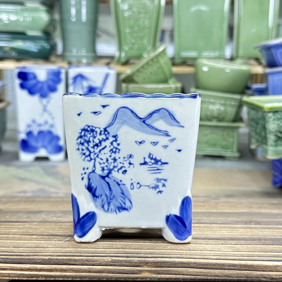 【直播浮力500】8*8*8cm陶瓷釉下青花手绘四方精品手工绿植创意花盆
