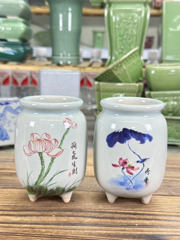 【直播浮力704】6*10cm到手2个花盆陶瓷仿青花三足圆签筒拇指盆绿植