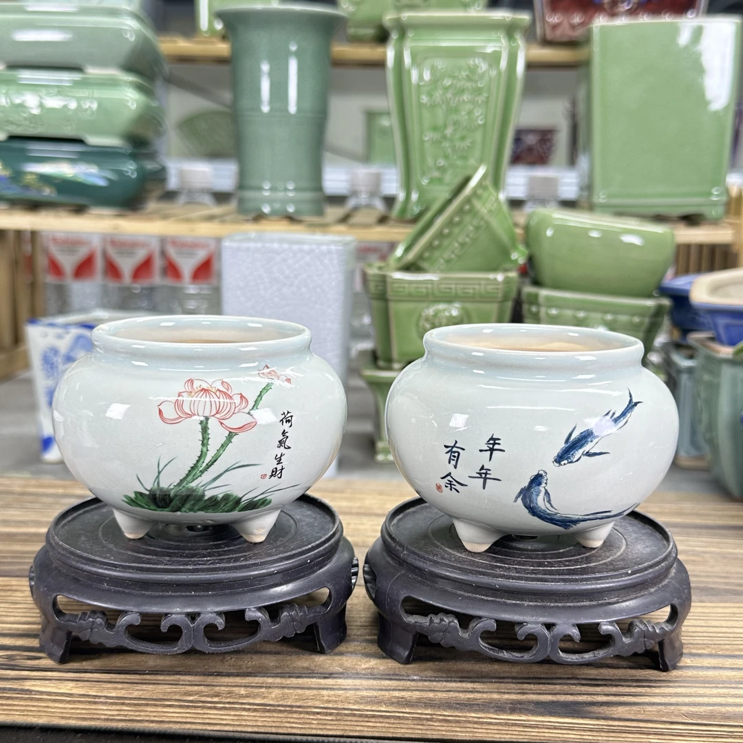 【直播浮力703】内径6高度7cm陶瓷仿青花大肚花盆三足造景古典陶瓷