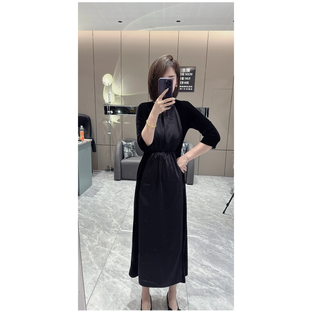 【菲凡】6760法式复古丝绒拼接醋酸收腰连衣裙（裙长110左右）显瘦