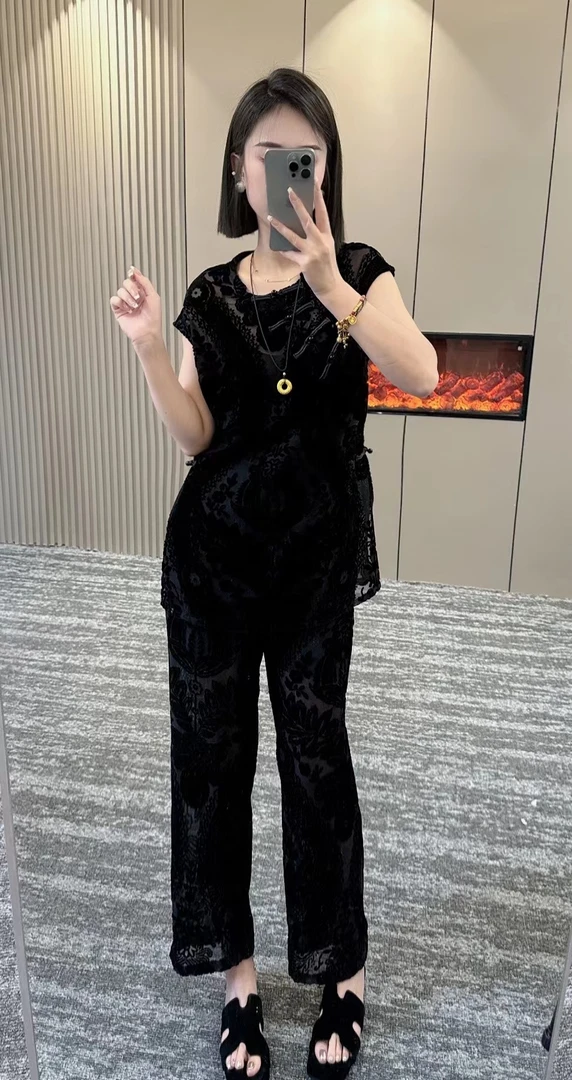 【菲凡】6339新中式复古国风提花植绒盘扣短袖➕短裤套装