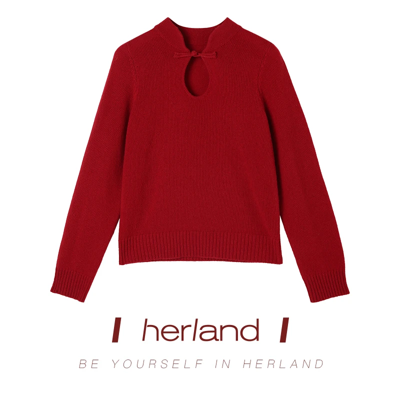 HERLAND她地 立领红色国风舒适保暖盘扣时尚百搭长袖针织毛衫