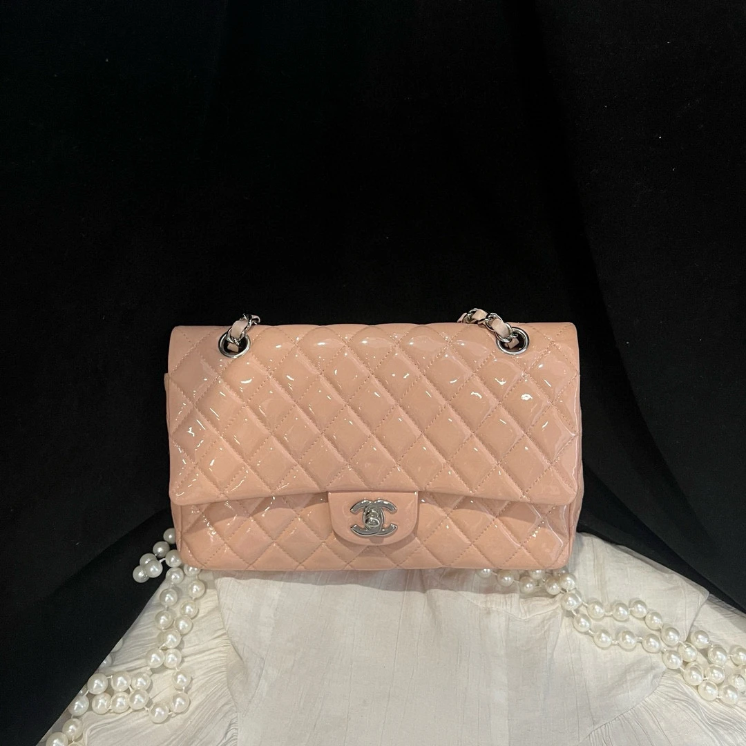 95新 Chanel/香奈儿 chanel 粉色漆皮cf单肩斜挎包