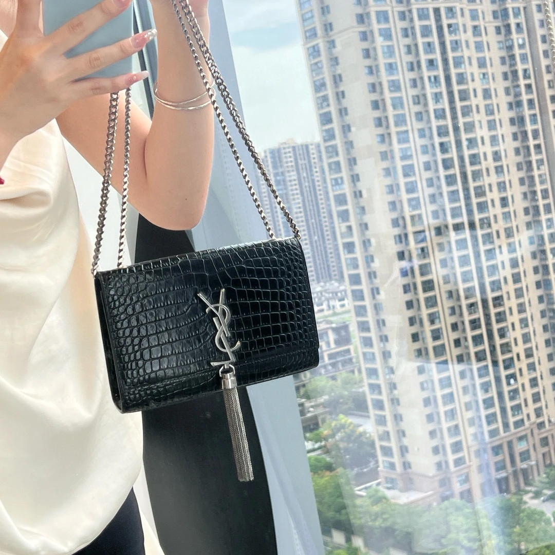 95新 YSL/圣罗兰 ysl黑色银扣流苏kate链条包
