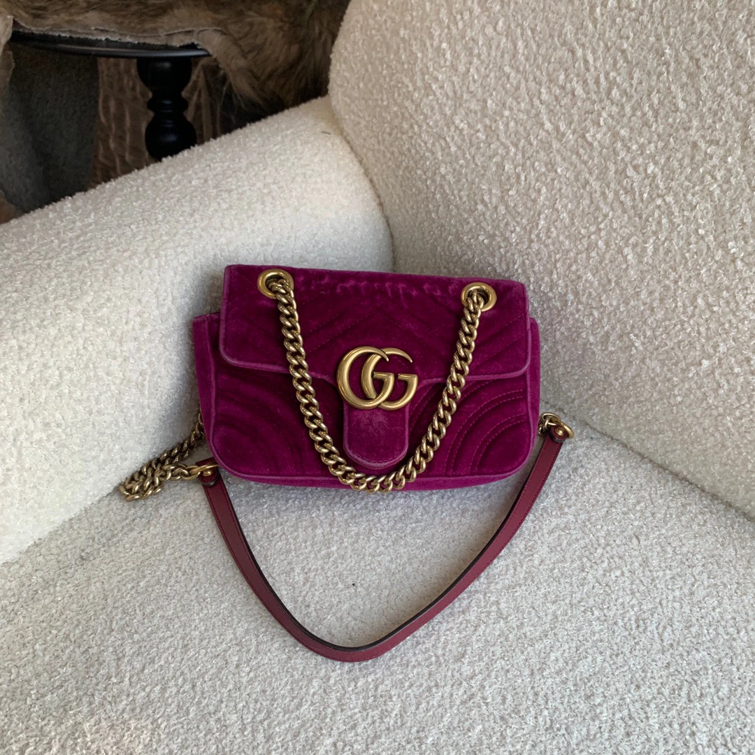 95新 GUCCI/GUCCI gucci葡萄紫丝绒22马蒙单肩