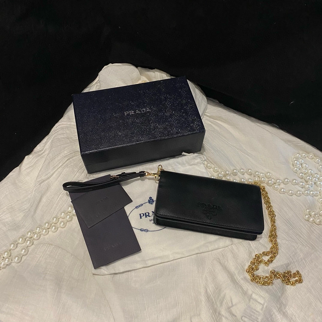 95新 Prada/普拉达 prada黑色链条风琴woc斜挎包