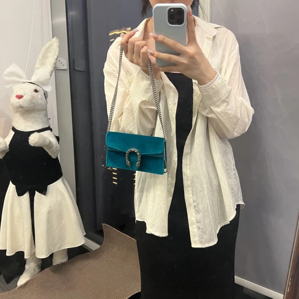 95新 GUCCI/GUCCI gucci 孔雀蓝丝绒钻扣酒神斜挎包