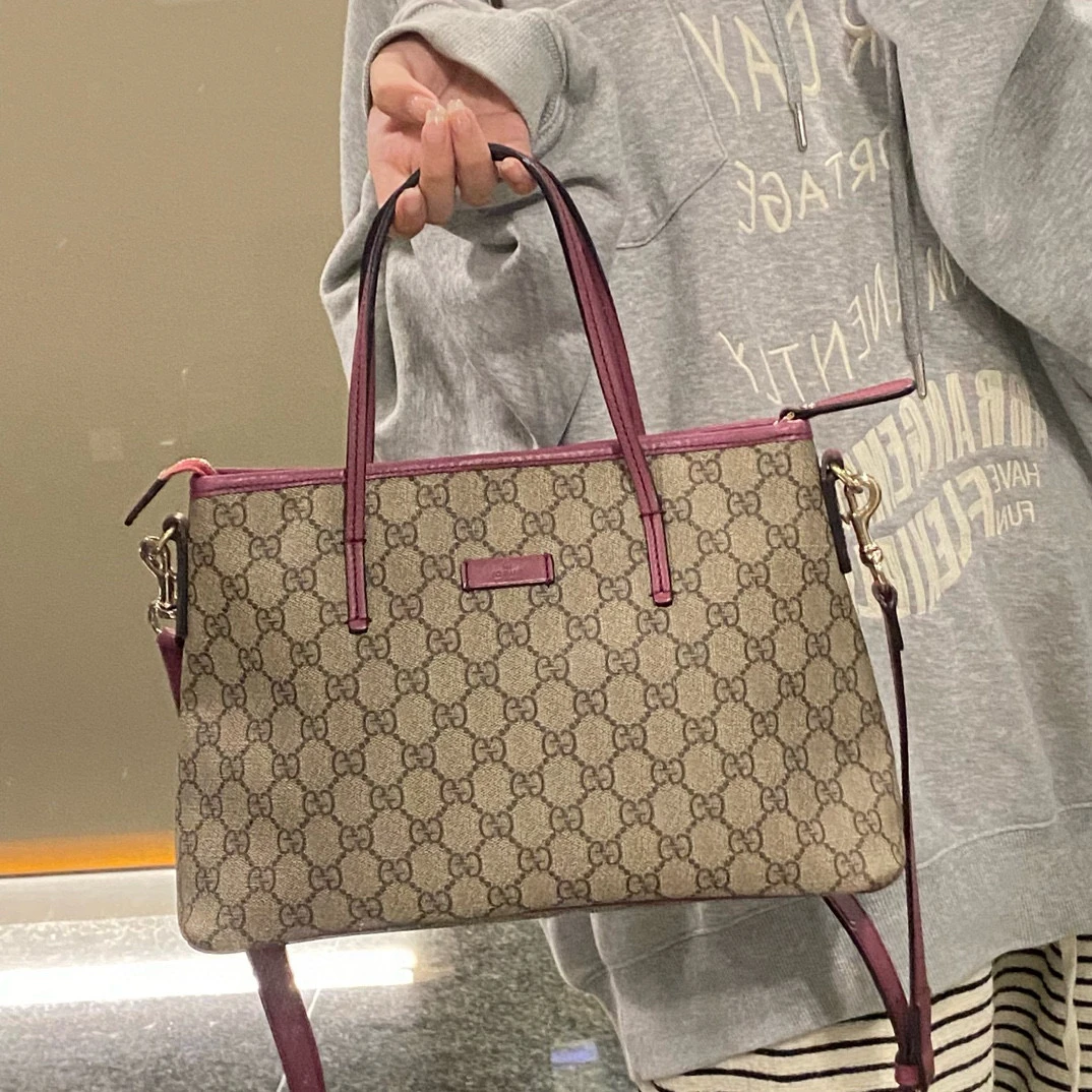 95新 GUCCI/古驰 gucci老花拼紫色托特斜挎包