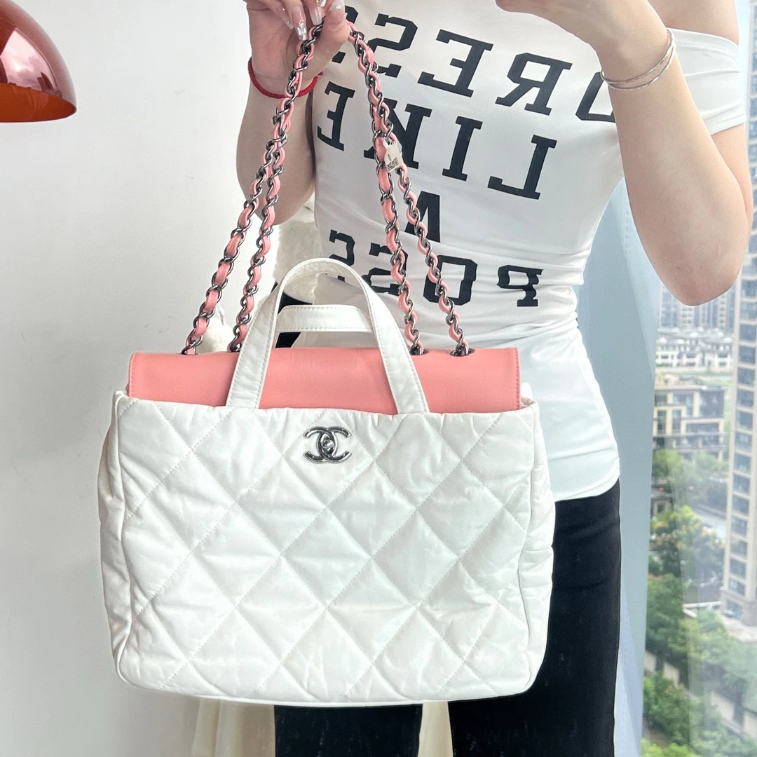 95新 Chanel/香奈儿 chanel白拼粉手提单肩包