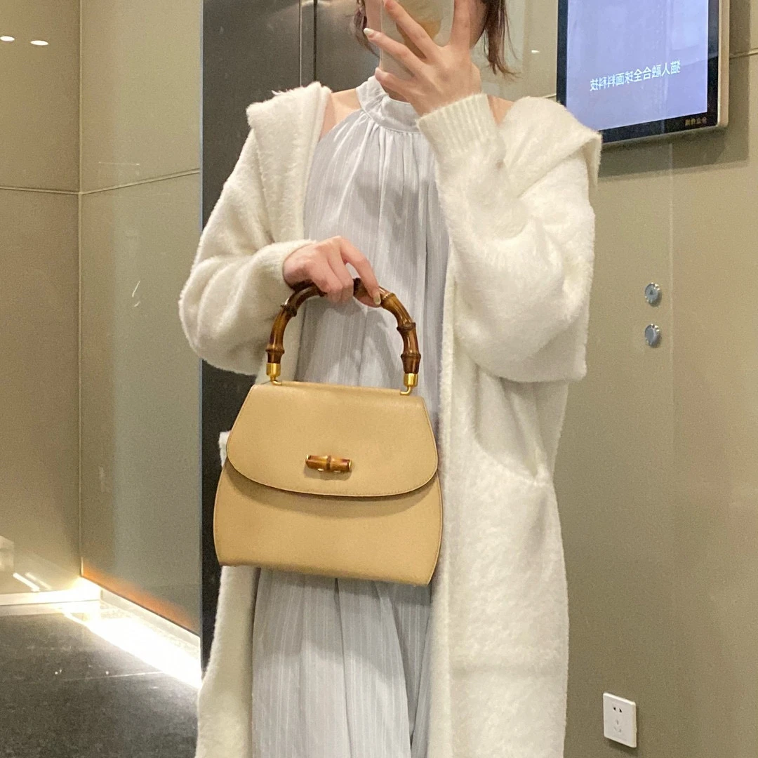 95新 GUCCI/古驰 gucci驼色竹节手提包