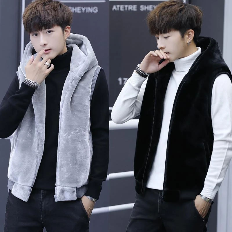 秋冬季毛绒坎肩马甲背心男装仿皮草水貂绒情侣连帽个性保暖潮外套