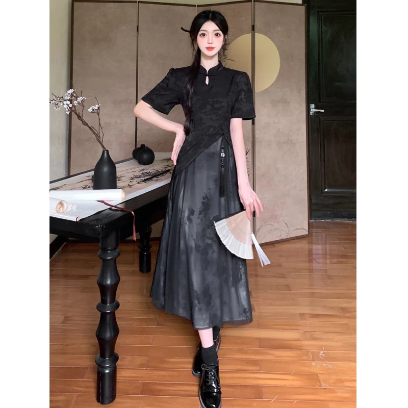 大码连衣裙夏新款国风显瘦遮肚新中式高级感水墨画假两件拼接裙子