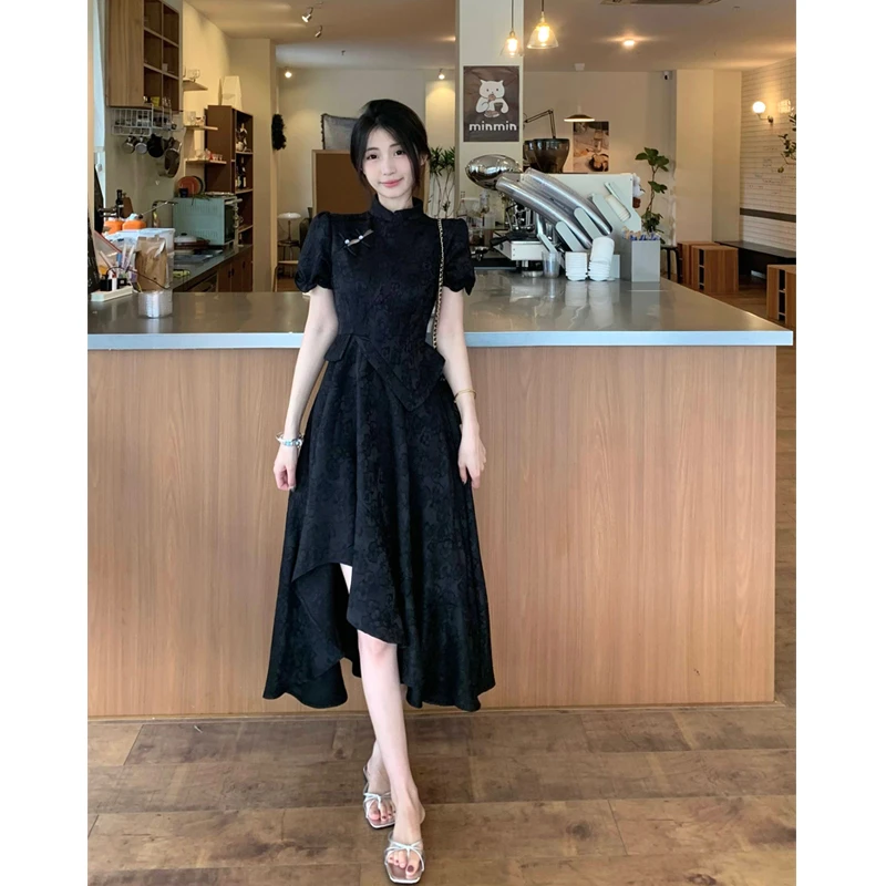 新中式不规则连衣裙女夏季2024新款提花小众显瘦国风中长款裙子