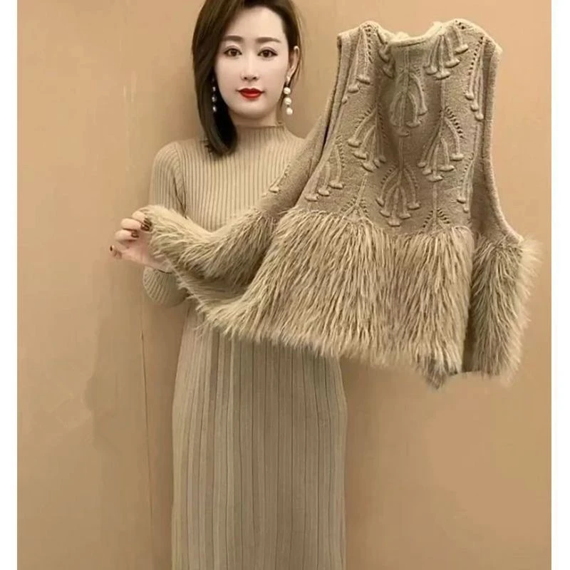 中长款针织连衣裙秋冬气质洋气妈妈装新款马甲背心裙子两件套装女