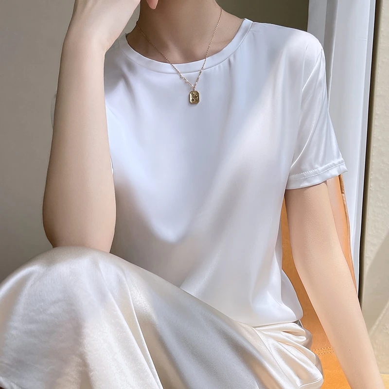 时尚气质女士外穿显瘦夏季宽松白色圆领薄款纯色简约休闲短袖