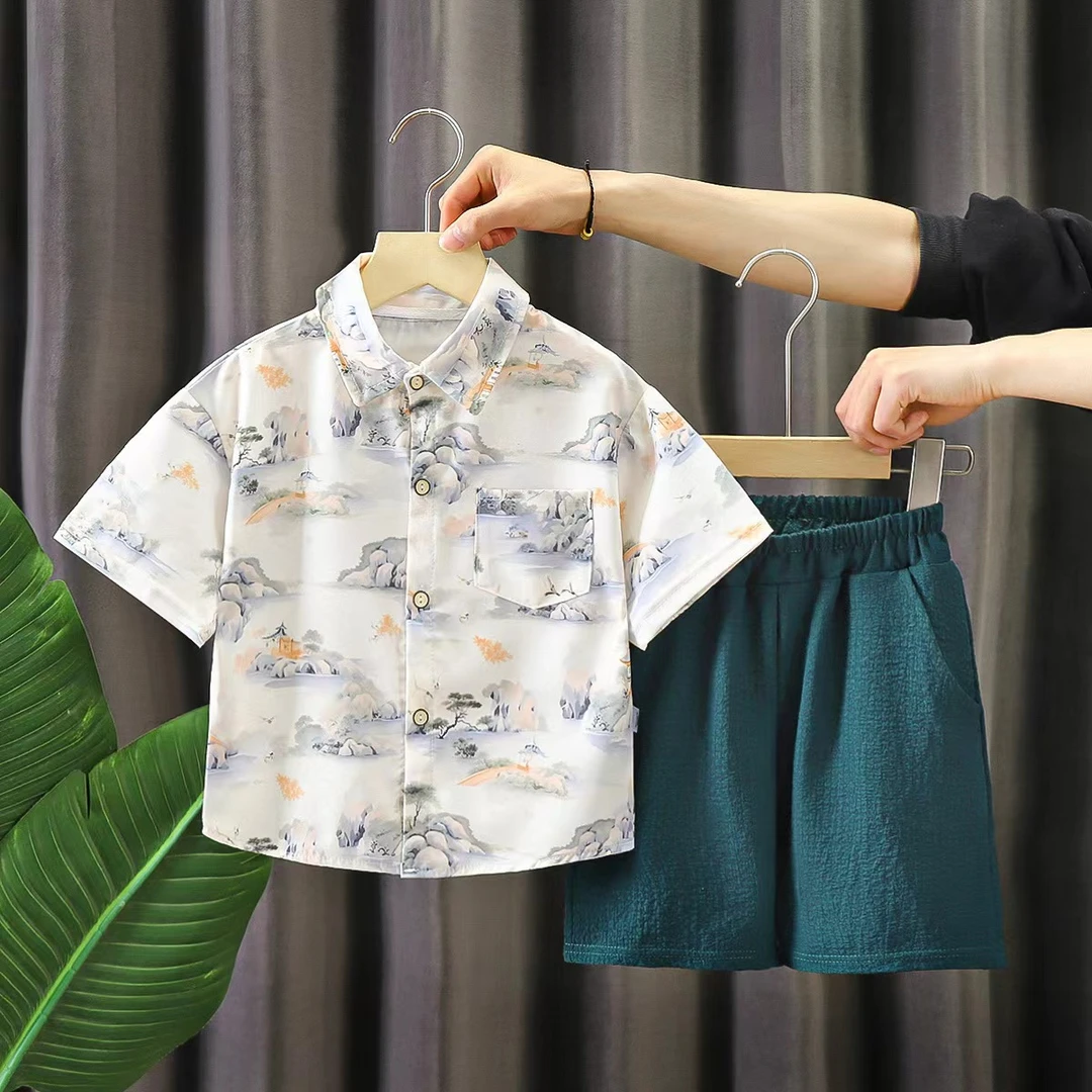 新中式国风夏季儿童套装男宝薄款夏装唐装印花男童夏天短袖套装