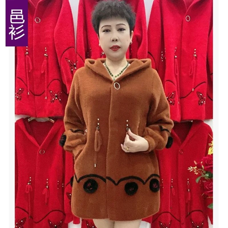 妈妈装秋冬装中长款洋气50到60岁仿水貂绒外套中老年女装时尚大衣