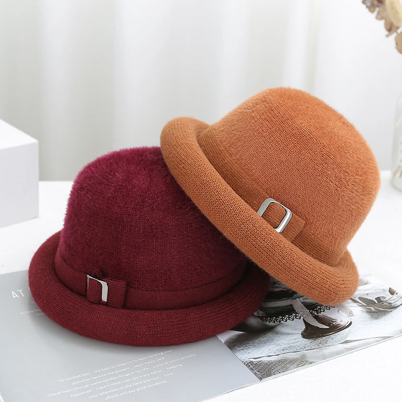 中老年人加绒保暖帽子奶奶针织羊绒毛线帽仿貂毛秋冬盆帽老太太帽