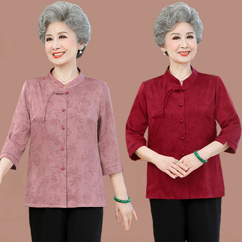 中老年薄款夏季衬衫妈妈洋气时尚衬衣奶奶七分袖衣服婆婆妈妈上衣