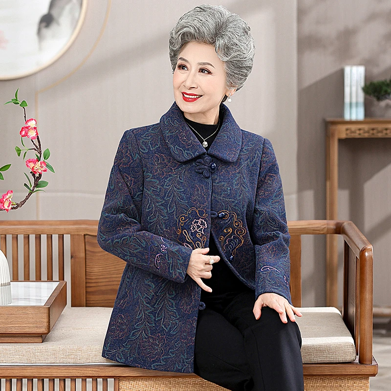 奶奶秋冬款毛呢外套中老年人女妈妈秋装洋气70岁80老人老太太衣服