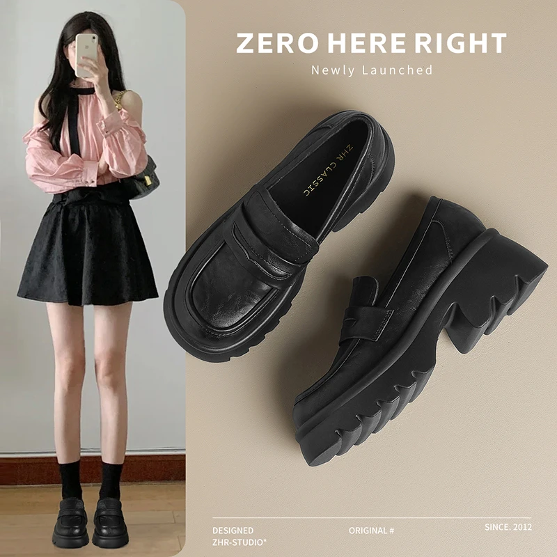 ZHR软底乐福鞋女2024夏季新款厚底粗跟英伦单鞋一脚蹬黑色小皮鞋