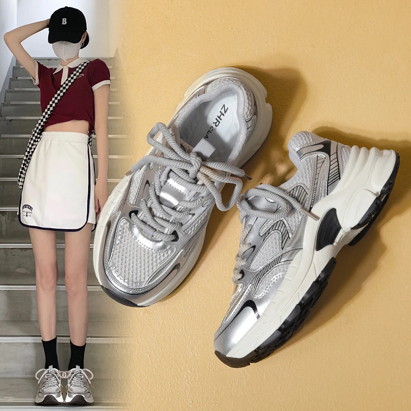 ZHR老爹鞋女款春季新款厚底拼接网面透气休闲女鞋厚底透气休闲鞋