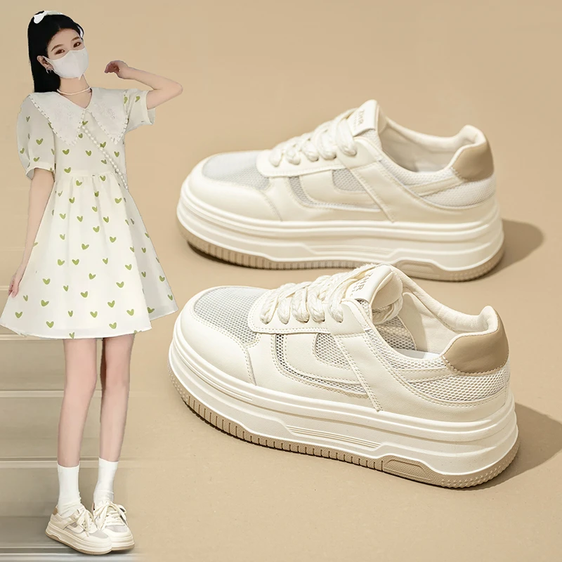 ZHR网面透气小白鞋女2024新款秋季厚底增高小个子板鞋薄款网鞋子