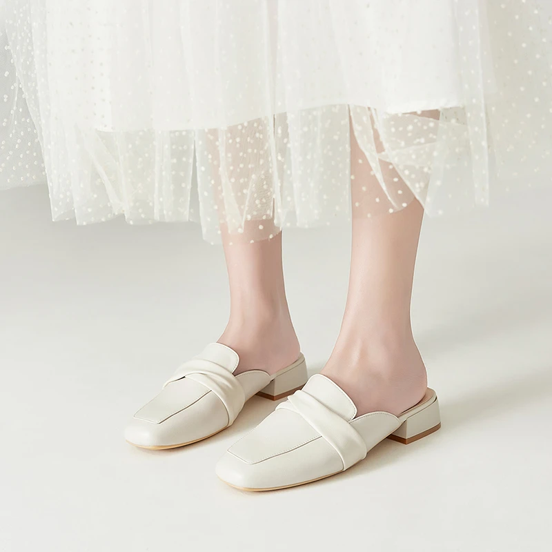 ZHR则则包头半拖女2024夏季新款褶皱穆勒鞋懒人粗跟平底凉拖