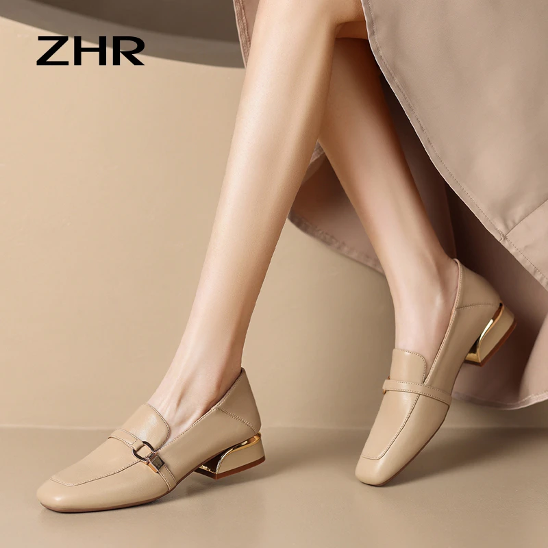 ZHR乐福鞋女2025年初秋新款方头英伦通勤小皮鞋法式粗跟单鞋K267