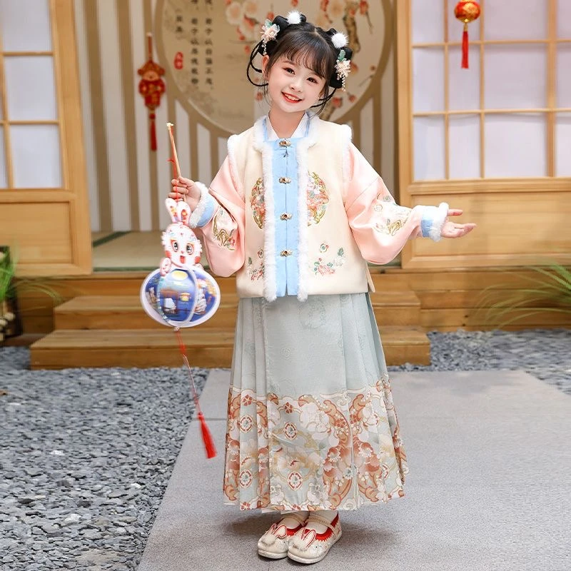 冬款女童汉服加绒加厚冬款拜年服套装中国风古风宝宝冬季儿童