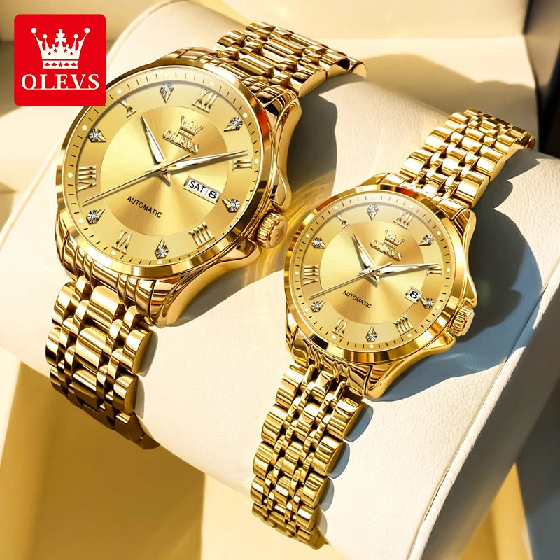 瑞士欧利时名表18k金色情侣款一对表镶钻防水机械表高档情侣手表