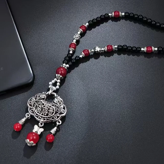 复古中式平安锁长款毛衣秋冬吊坠衣服串珠民族简约百搭