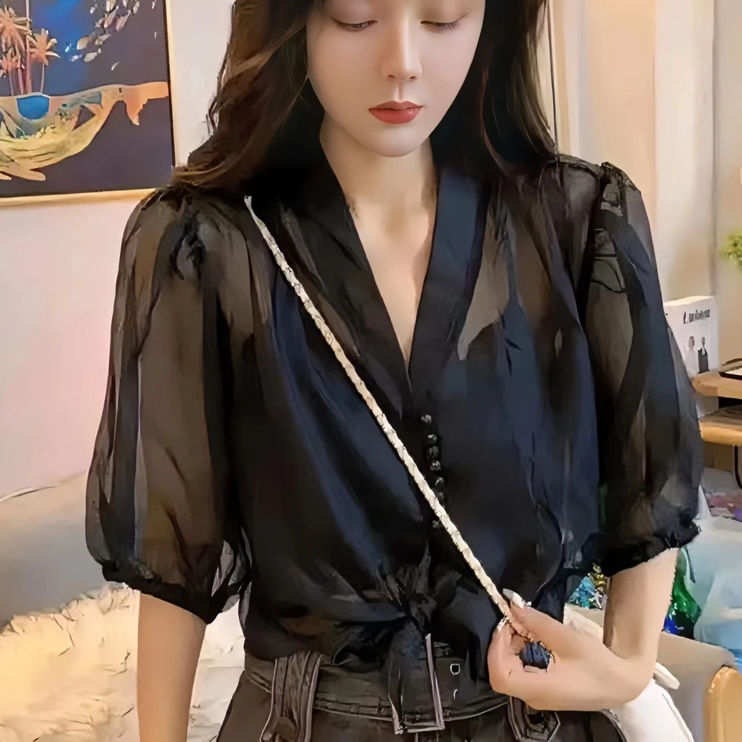夏季新款设计感小众泡泡袖衬衫女法式上衣女2025新款时尚款洋气