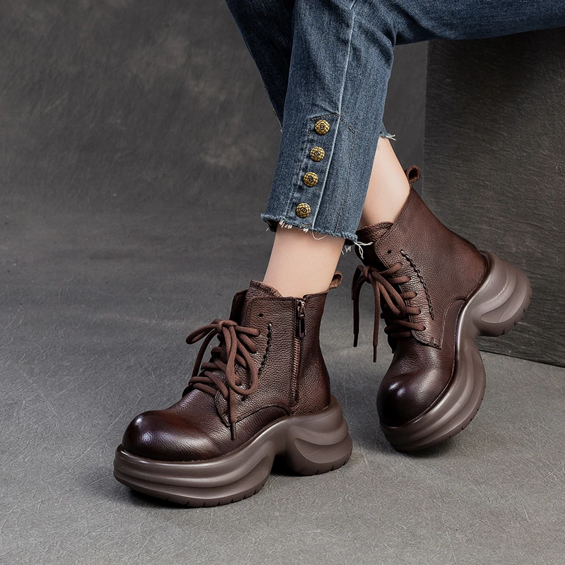 2602秋冬新款头层牛皮马丁靴厚底英伦风系带短靴轻便增高女靴子