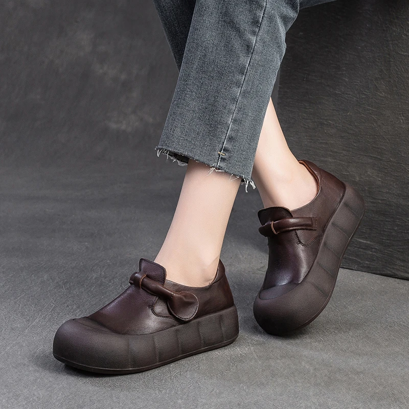 单鞋森系厚底休闲鞋皮鞋百搭真皮头层牛皮软底舒适洋气圆头女鞋