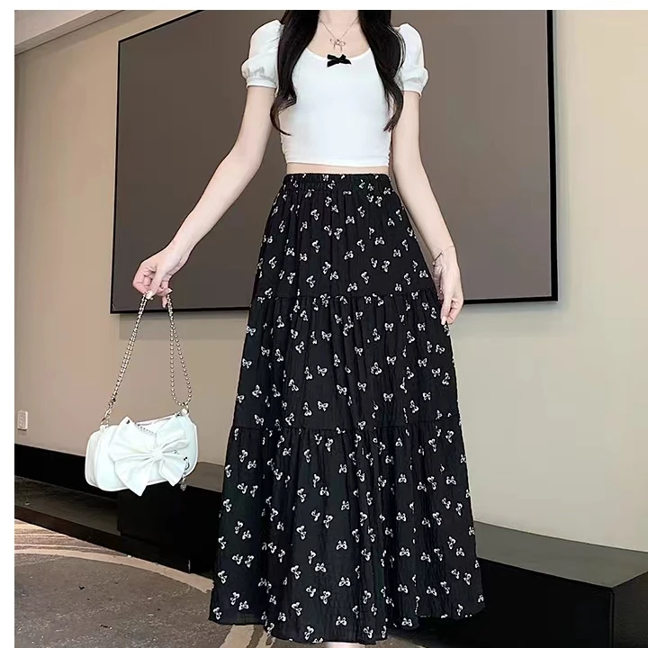 夏季新款碎花垂感半身裙高腰时尚百搭印花中长款百褶显瘦半身裙