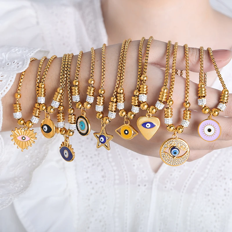 钛钢手镯 复古气质心型吊坠钛钢手链轻奢古风个性眼睛吊坠手环