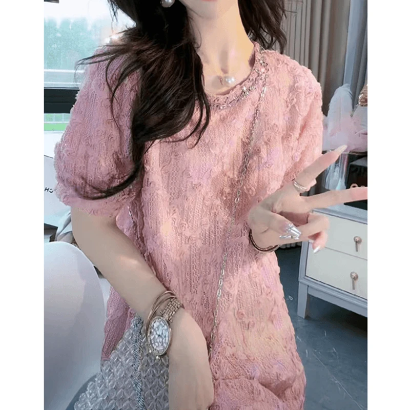 2024夏季新款女装优雅连衣裙重工显瘦气质时尚休闲百搭夏短袖裙