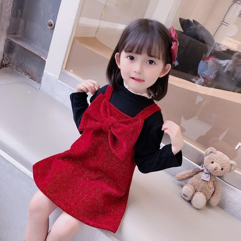 女童连衣裙2023春秋新款女宝宝红色裙子长袖两件套春款背带裙套装