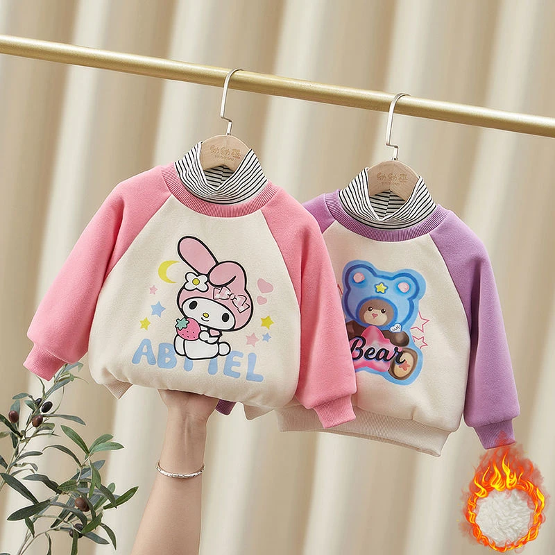 女童加绒卫衣秋冬款2024新款小童撞色卡通深秋加厚洋气女宝宝上衣