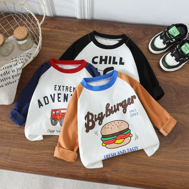 2025春秋新款T恤长袖卡通女童宝宝小童洋气撞色打底儿童男童上衣