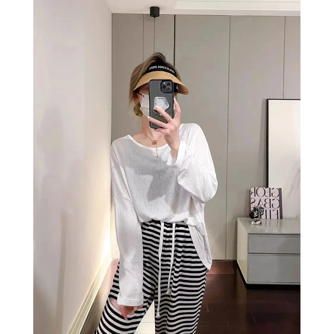 冰丝t恤夏防晒衫女露背镂空罩衫薄款透视透明长袖上衣宽松蝙蝠袖