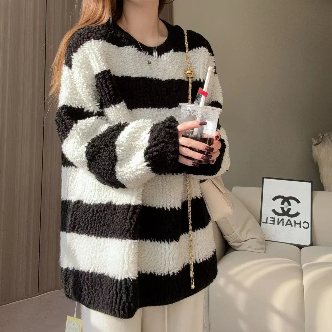 【100山羊绒】241538韩版秋冬厚款撞色拼接设计经典百搭款圆领款